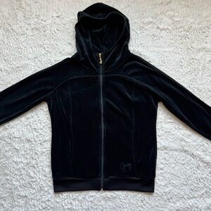 Y2K Juicy Couture Velour Zip Up Hooded Jacket Size M Black Logo Embellished